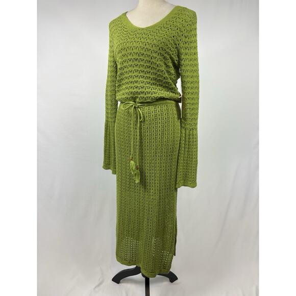 C&C California Knit Crochet Dress Green Size Medium Lined Bell Sleeves - Picture 14 of 14